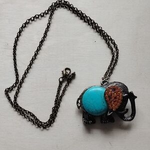 Elephant Pendant Necklace with Turquoise and Orange Accents